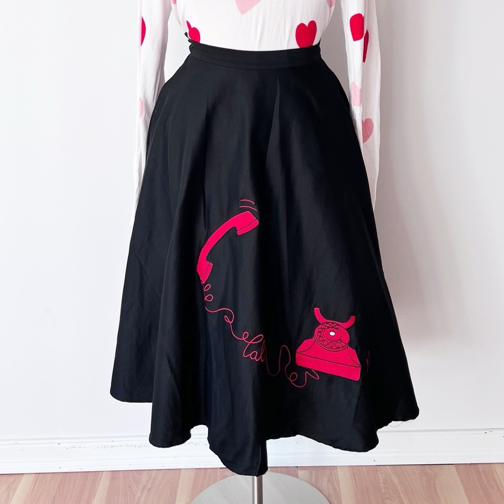 Collectif London Debbie Call Me Skirt Black Red Telephone Embroidered Swing L 14